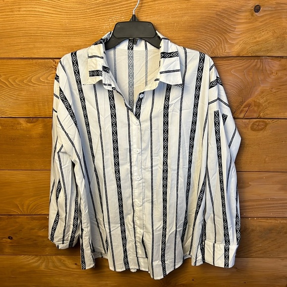 Long Sleeve Womens  V-Neck Stripes Button Down‎ Shirt LG Business Casual Blouse - Picture 1 of 7